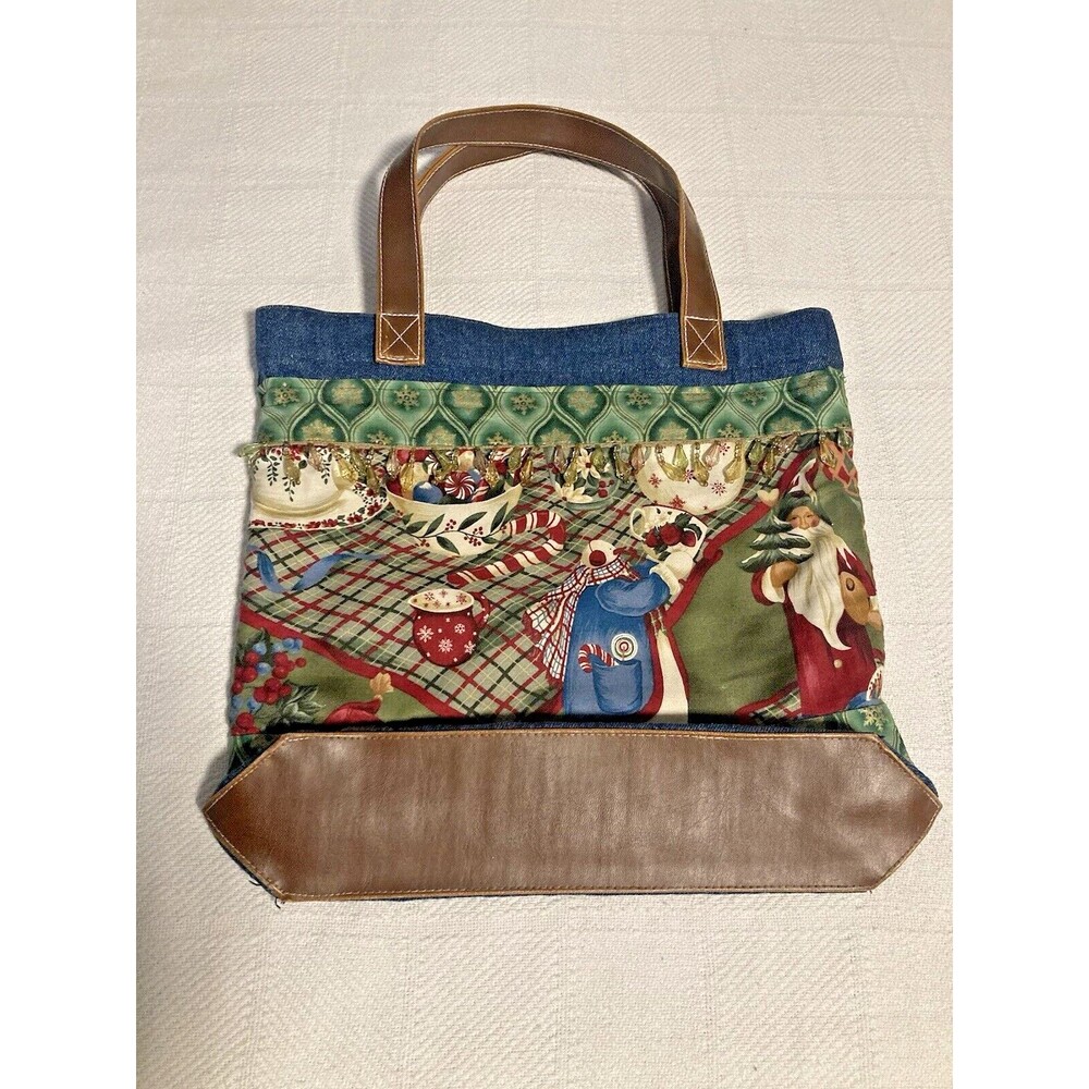 CHRISTMAS Santa Snowman Denim Tote Purse Bag with Beads Vintage 12x12x2-3/4 - Picture 3 of 5